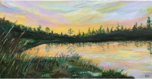 a painting of a sunset over a lake