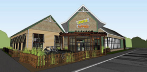 a drawing of a building with a fence in front of it