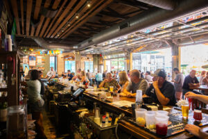 a group of people sitting at a bar