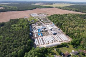 an aerial view of a large industrial area