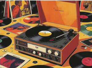 a record player surrounded by old record players