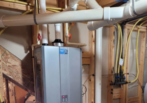 a water heater sitting in a room under construction