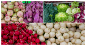 a collage of different vegetables including radishes, broccoli, and