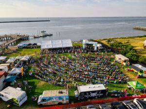an aerial view of a festival with tents and tents