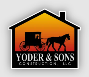 a horse drawn carriage in front of a logo for yoder & sons construction,