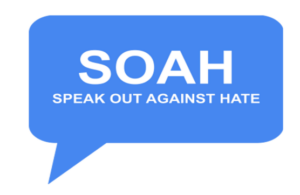 a speech bubble with the words soah speak out against hate