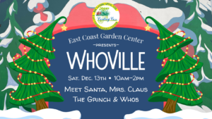 a poster for a christmas event with trees in the snow