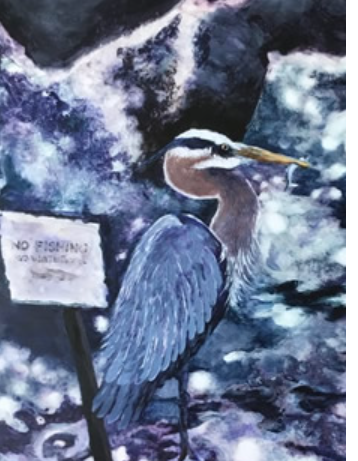 a painting of a bird standing on a rock