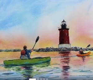 a painting of two people in a kayak in front of a lighthouse