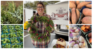 a woman holding a bunch of vegetables in front of a truck