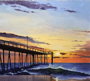 a painting of a sunset at a pier
