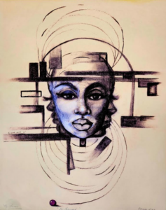 a drawing of a woman with a hat on her head