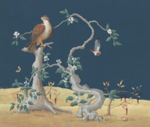 a painting of a bird perched on a tree branch
