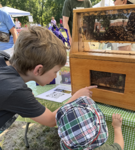 a boy and a boy are looking at a beehive