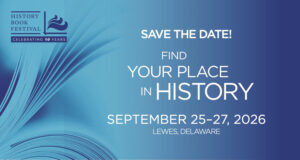 a blue poster with the words save the date find your place in history