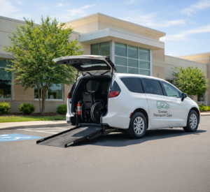 a white minivan parked in front of a building